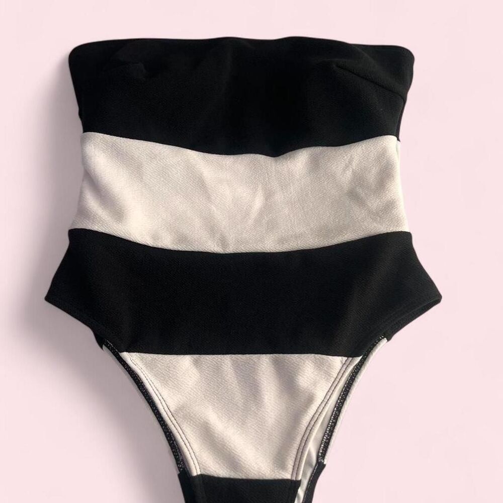 Black & white vintage Barbie-inspired bandeau one piece swimsuit